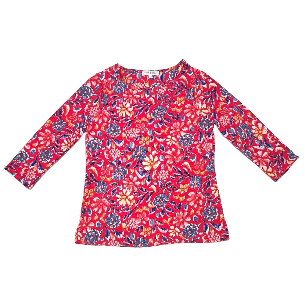 Emily Daniels Women's Floral Blouse Top Size S Red Blue 3/4 Sleeve Stretch